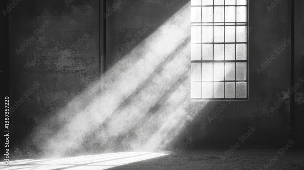 Poster sunbeams illuminate a dusty, dark room through a large window.