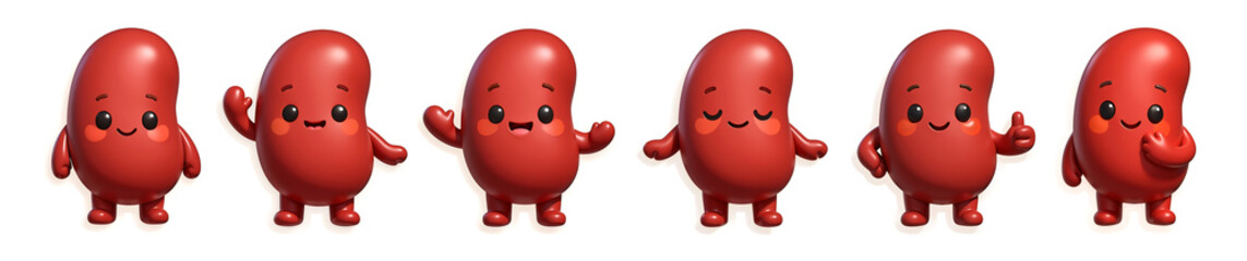 Bean Friends in Cheerful Poses: Six endearing kidney bean characters, each with distinct expressions and gestures, radiate charm and personality.