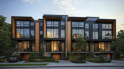 Fototapeta premium Contemporary townhouses with warm wood accents and elegant design