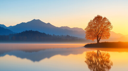 Fototapeta premium serene landscape featuring solitary tree by calm lake, surrounded by mountains sunrise. warm colors reflect beautifully water surface