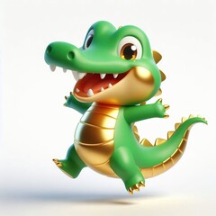 Fototapeta premium Animated character 3D image of happy green gold Alligator jumping, cute design, white background