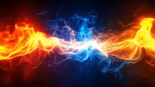 Red and blue fire streams colliding with glowing energy and smoke trails on dark background seamless looping 4k time-lapse animation video background. Abstract concept