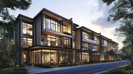 Fototapeta premium Modern urban shophouses with large windows and lush greenery