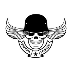 special forces. Winged skulls in military headdresses. Design elements for emblem, badge. Vector illustration.