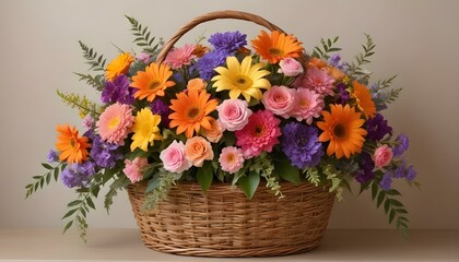 A still life photograph features a woven basket overflowing with a variety of colorful flowers, set against a neutral backdrop