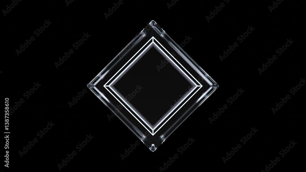 Poster abstract 3d transparent cube illuminated from within, slowly rotating in a dark environment. geometr