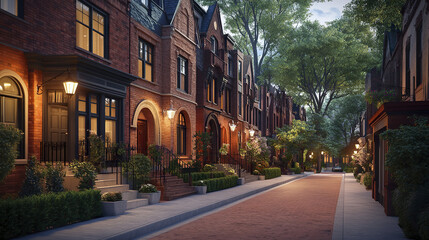 Fototapeta premium Charming red brick townhouse row with lush greenery and warm lighting