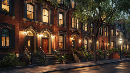 Fototapeta premium Charming red brick townhouses with warm lighting and lush greenery