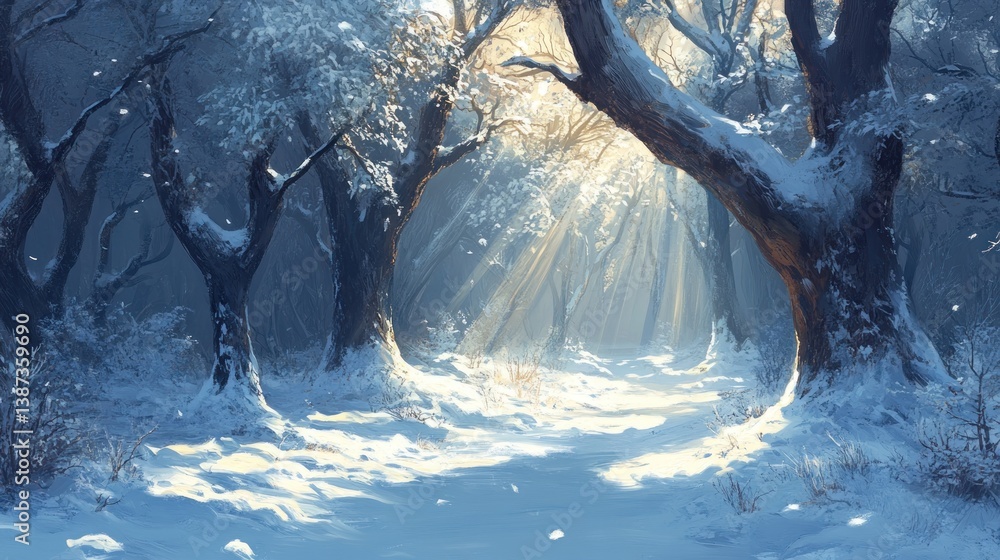 Poster sunbeams illuminate a snow-covered path through a tranquil winter forest.