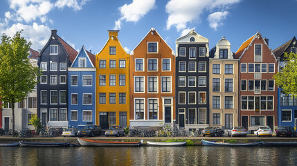Obraz premium Colorful Dutch canal houses with steep gabled roofs reflect in water