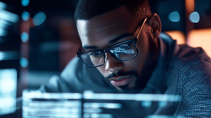 An AI researcher designing machine learning models for automating legal document review, modern law office with AI-driven systems analyzing contracts, briefs