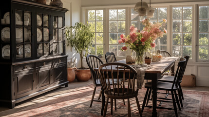 Obraz premium Plan sur une salle à manger rustique, de campagne. Fleurs, bois. Simple, cosy, mignon. Décorations, lumières douces. Pour conception et création graphique.