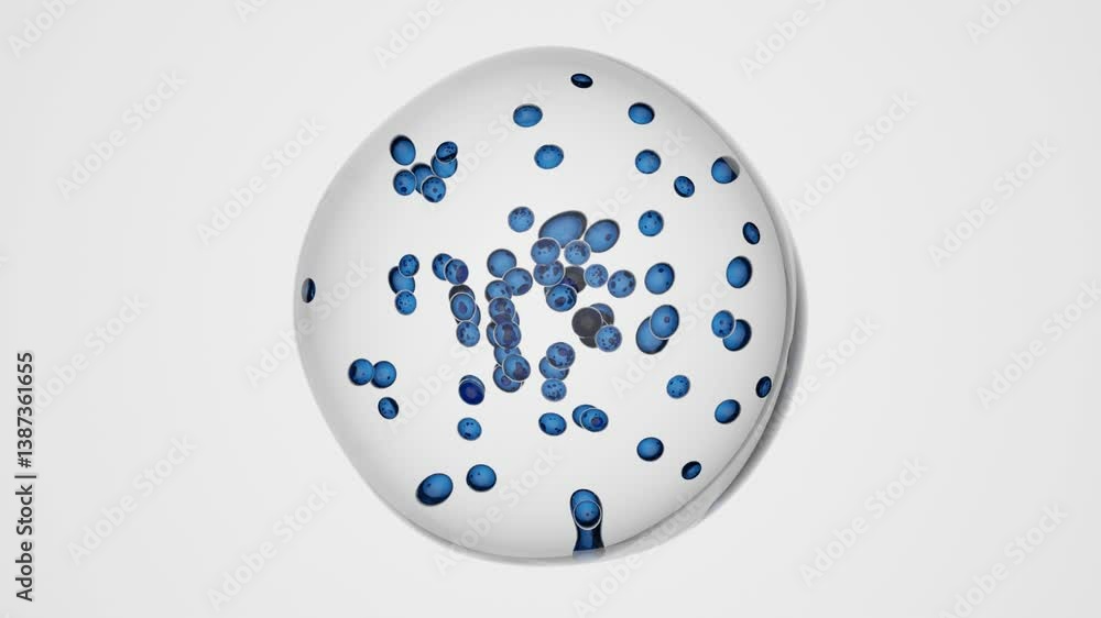 Poster blue micro particles floating inside transparent cell on white background – 3d abstract scientific s