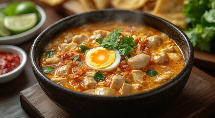 Steaming bowl of Indonesian chicken soup with egg, lime, and mixed vegetables