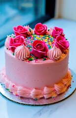 A Beautiful Pink Cake Decorated with Roses and Sprinkles isolated background 