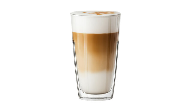 latte macchiato in tall clear glass isolated on back ground , transparent png