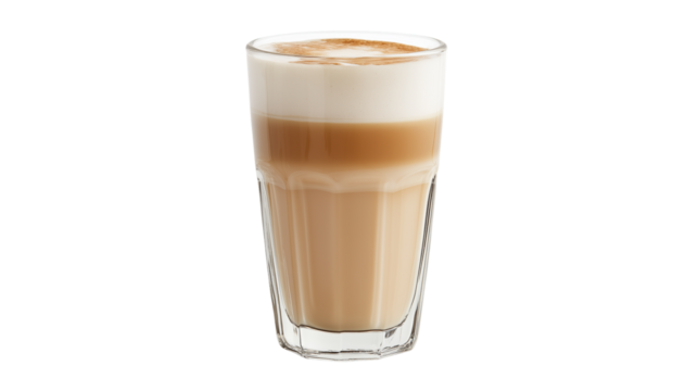 latte macchiato in tall clear glass isolated on back ground , transparent png 