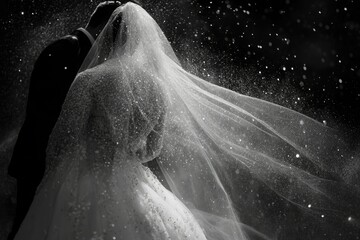 Couple kissing at night under a starlit sky with falling sparkles. The bride is in a wedding dress with flowing veil.