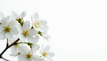 Delicate white blossoms against pure white backdrop, detail, bloom