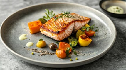 A plate of baked salmon with roasted vegetables. Featuring health and indulgence
