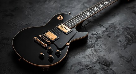 Black electric guitar on black background with copy space