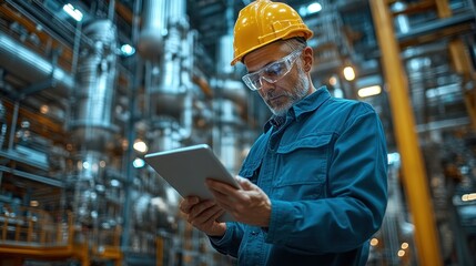 Engineer Inspecting Industrial Facility using Tablet