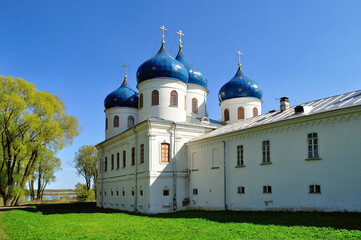 Veliky Novgorod Russia. Cathedral of Exaltation of the Cross in Russian orthodox Yuriev Monastery in Veliky Novgorod Russia in spring sunny weather