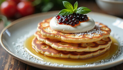 Delicious stacked pancakes with cream and berries on a plate  