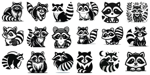 Obraz premium Cute raccoons in black and white, vector illustration, children's decor, playful design
