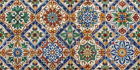 Vibrant Floral Tile Mosaic A Detailed Composition of Ornate Designs in a Harmonious Blend of Colors and Patterns