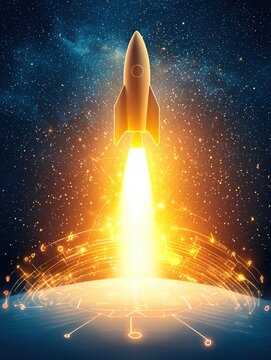 Starup funding roadmap A futuristic rocket launching into space, surrounded by vibrant cosmic elements and digital connections, symbolizing innovation and exploration.