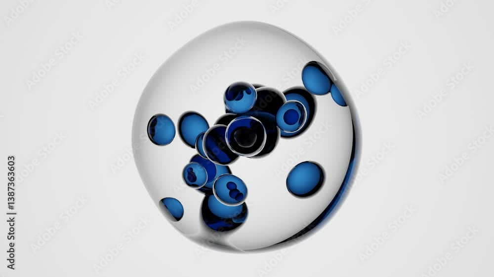 Poster 3d transparent liquid cell with floating blue micro cells inside – abstract seamless loop animation 