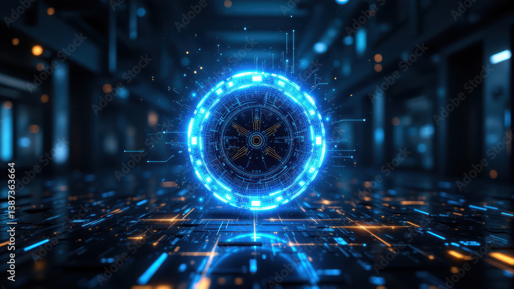 Poster cybersecurity portal with glowing neon graphics on circuit background.