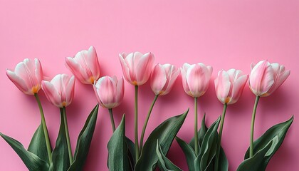 Obraz premium Pastel pink tulips on a solid pink background, perfect for spring-themed cards, Mother's Day, or botanical art designs to evoke calmness and serenity.