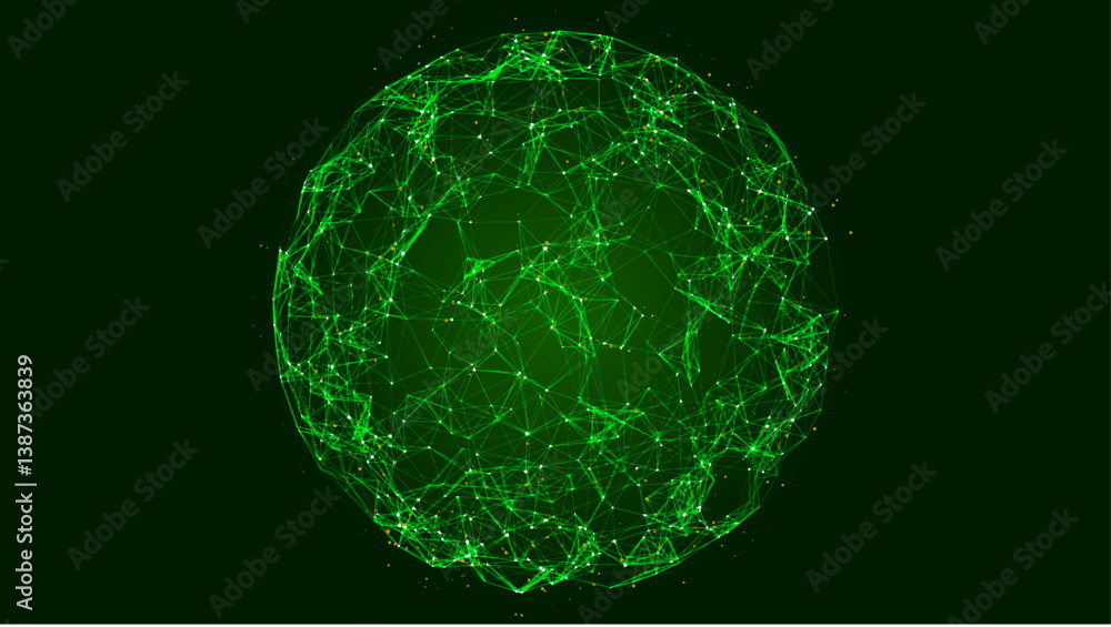 Poster geometric green spheres with connecting dots and lines. abstract color shapes with noise effect on w