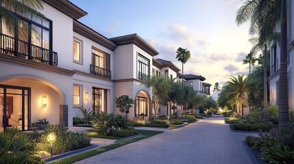Fototapeta premium Elegant residential street with modern white condominiums and lush greenery