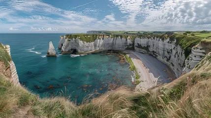 Fotobehang Panoramic view of cathedral cove beach in summer with turquoise water and limestone cliffs under clear blue sky © Naeem