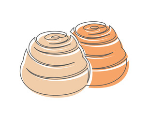 Bun cinnabons continuous one line icon isolated on white background. Bakery symbol art drawing. Bun cinnabons design outline. Editable stroke. Vector illustration
