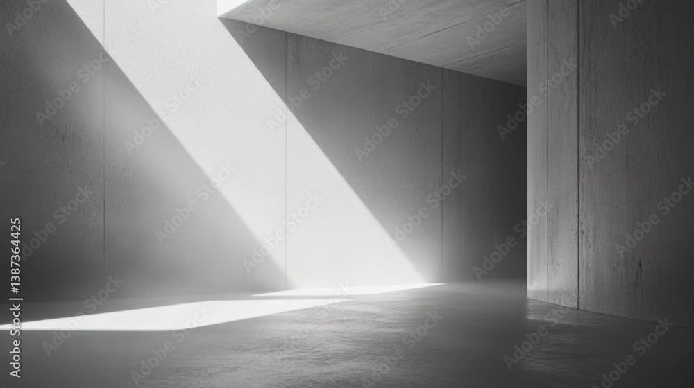 Aufkleber Sunlight streams through an angular opening in a minimalist concrete structure, illuminating the interior space.
