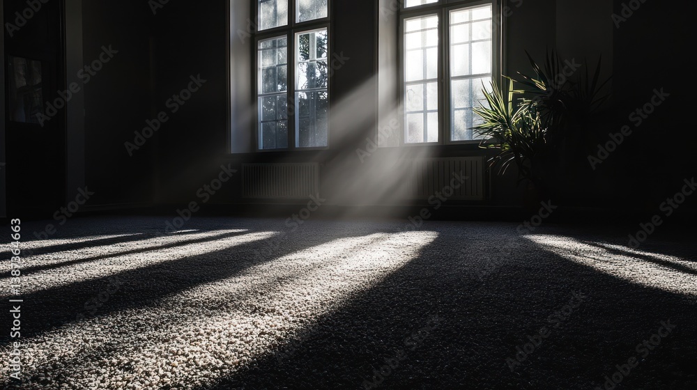 Poster Sunlight streams through windows in a dark room, illuminating dust motes in the air and casting long shadows on the carpet.