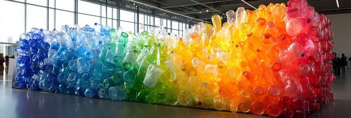 Rainbow colored balloon installation art in an indoor space.