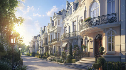 Fototapeta premium Elegant European style row houses with pastel exteriors and ornate balconies