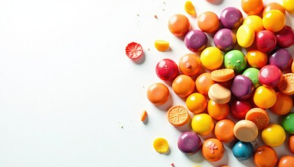 Obraz premium Pile of colorful candy, chips, and soda on white , junk food, candy, studio shot