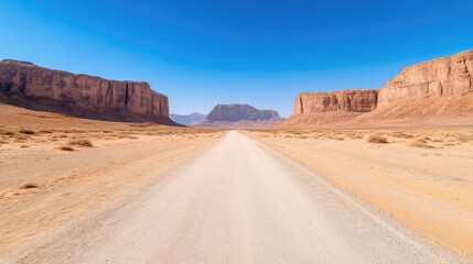 Fototapeta premium A straight dirt road cuts through a vast desert valley flanked by massive red sandstone cliffs under a clear blue sky.