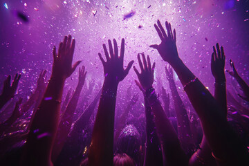 Close up photo of many party people dancing purple lights confetti flying everywhere nightclub event hands raised up wear shiny clothes, Generative AI