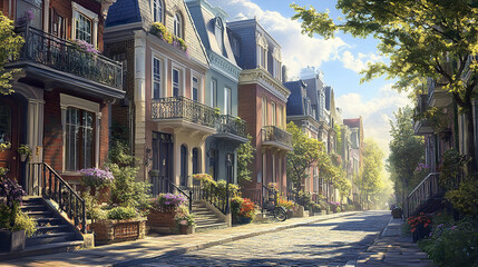 Naklejka premium Charming European style row houses with pastel exteriors line sunlit street