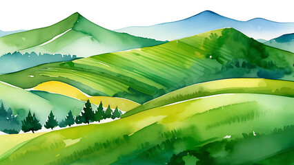 Obraz premium Watercolor Painting of Rolling Green Hills and Distant Mountain Landscape