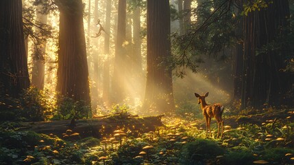 A tranquil forest scene illuminated by golden sunlight, with a deer amidst lush greenery, mushrooms, and tall trees, evoking serenity and enchantment in an untouched natural wilderness