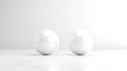 Two glossy white spheres rest on a white marble surface against a white wall. The image is clean and minimalist. The lighting is even, creating soft reflections. The style is simple and modern. The