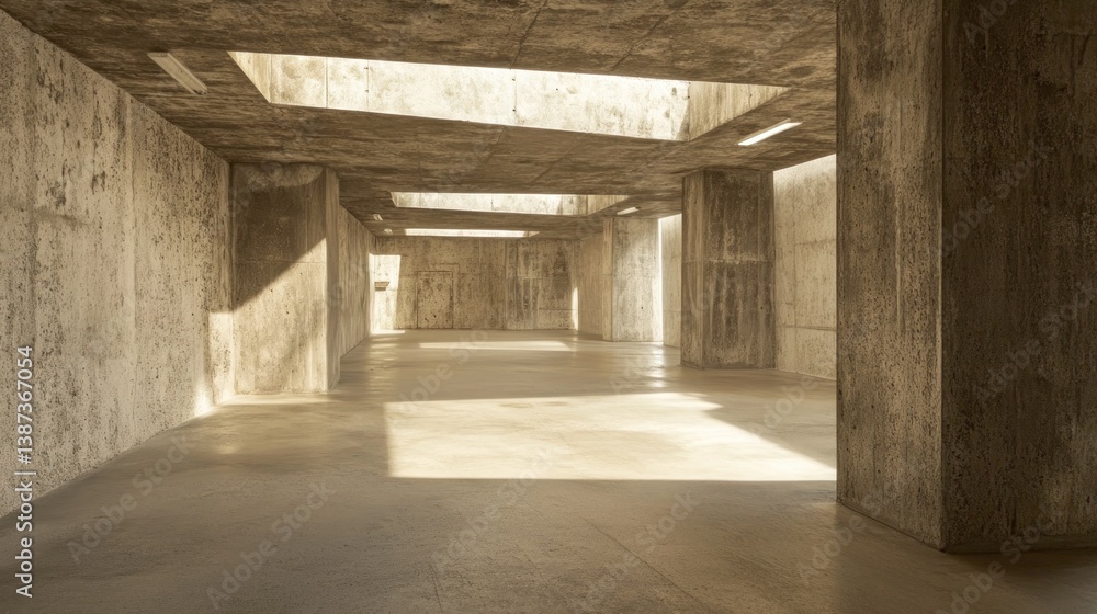 Aufkleber sunlit, empty concrete interior space with columns and skylights.